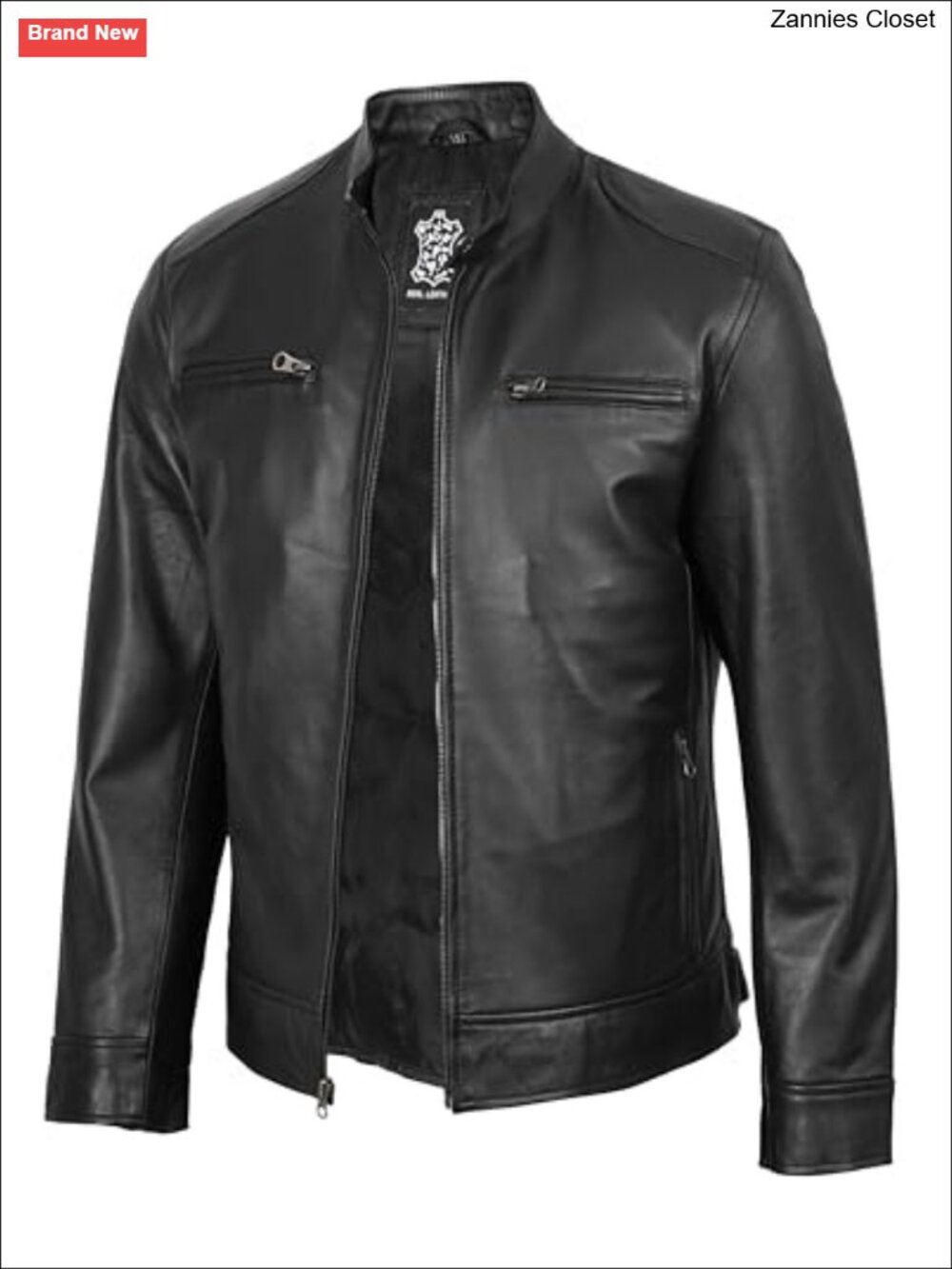 Mens Real Lambskin Leather Cafe Racer Jacket Stand Collar Moto Zip